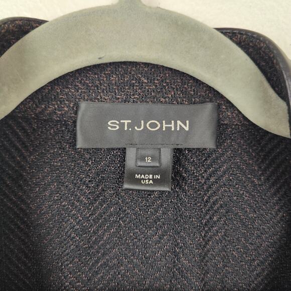 St John Knit Blazer Size 12 Black Herringbone Leather Trim Preppy Dog Show FLAWS - Picture 9 of 13